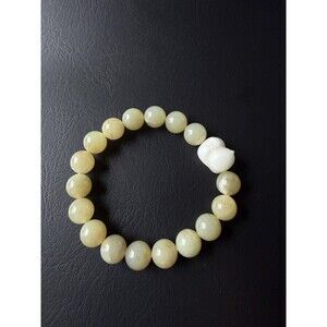 Beige Jade Bracelet 10mm white Jade Cat Charm, Natural Jade Beaded Bracelet